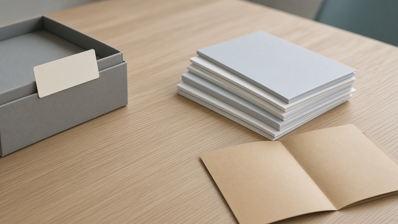 An archive box and a short stack of unbound papers on a pale desk.