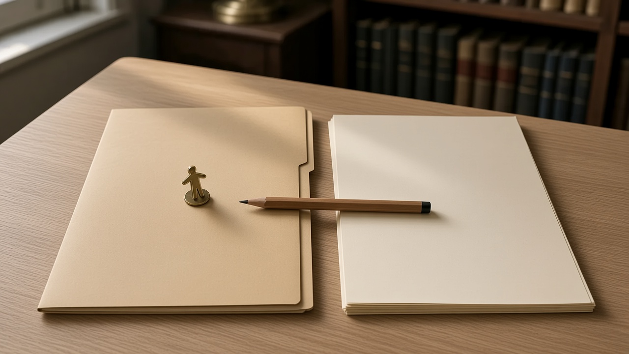 A brass key on a closed folder, beside a short stack of committee papers and a pencil.