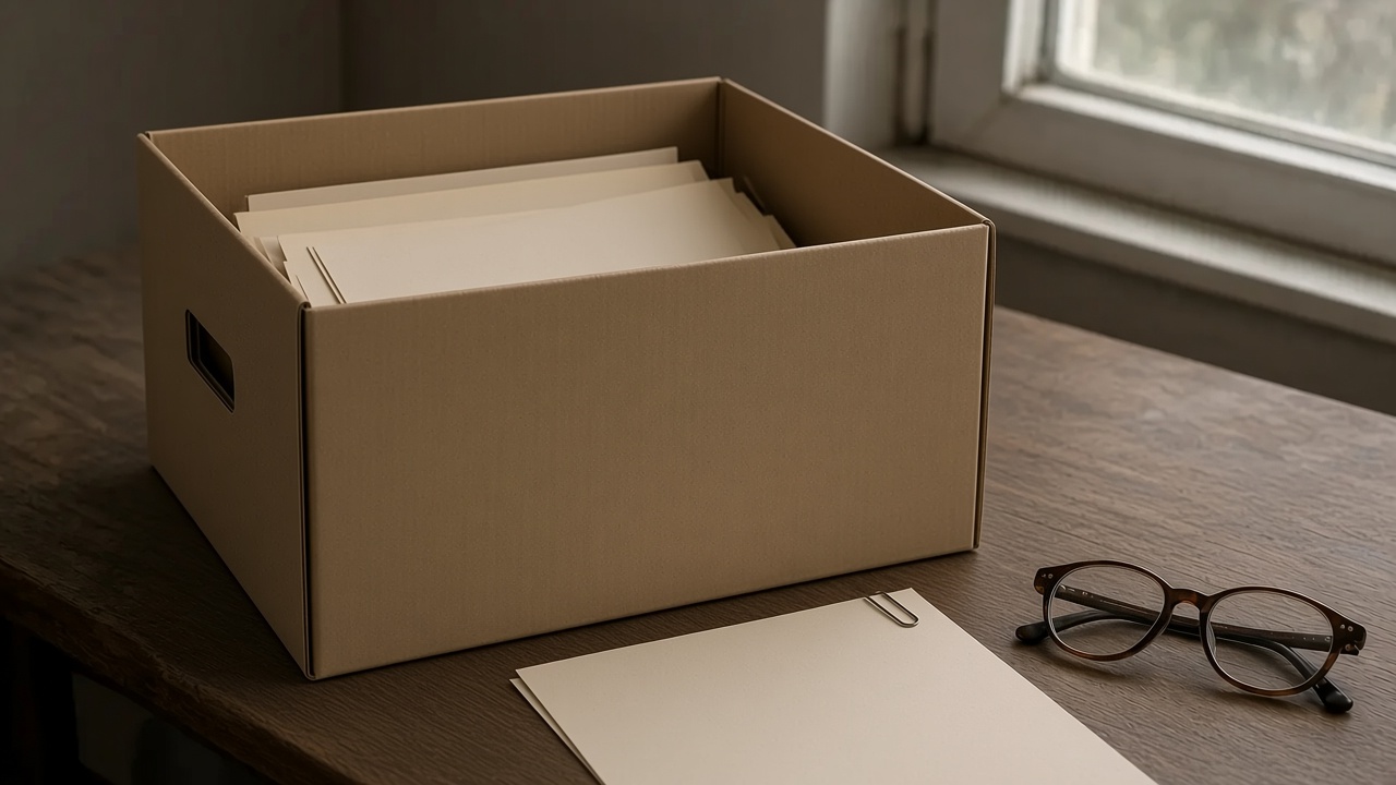 An open archive box of loose papers, with one sheet laid flat beside it.