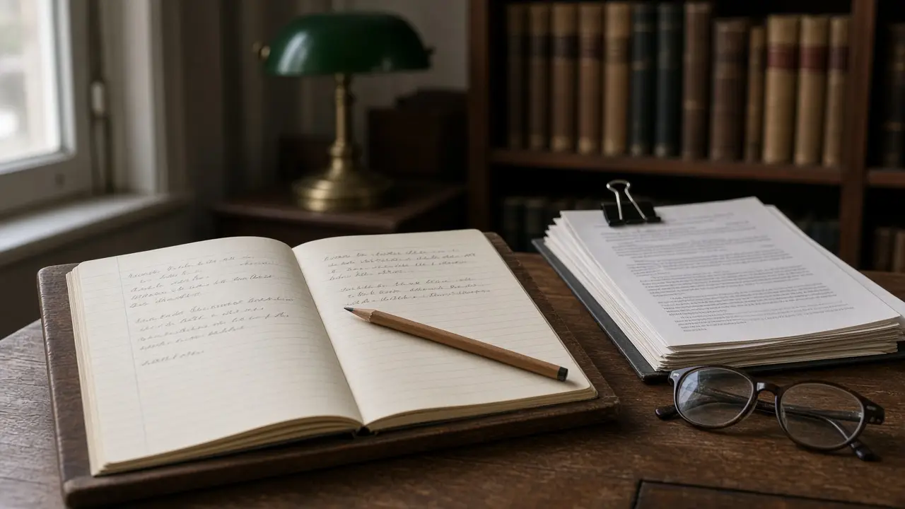 A reading desk in a records office: an open notebook, a pencil and a clipped set of committee papers.