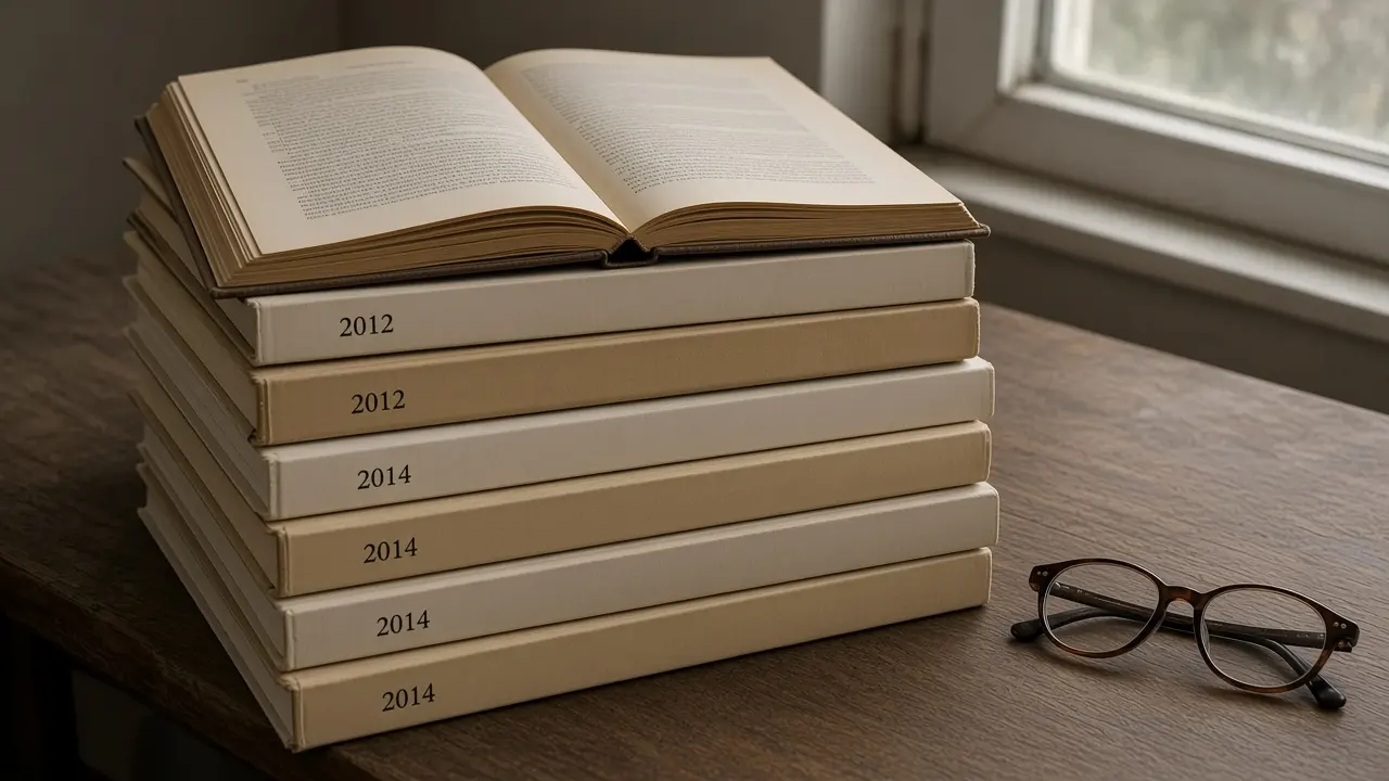 A stack of older bound minute books and faded committee packs on a wooden reading desk, one volume open.