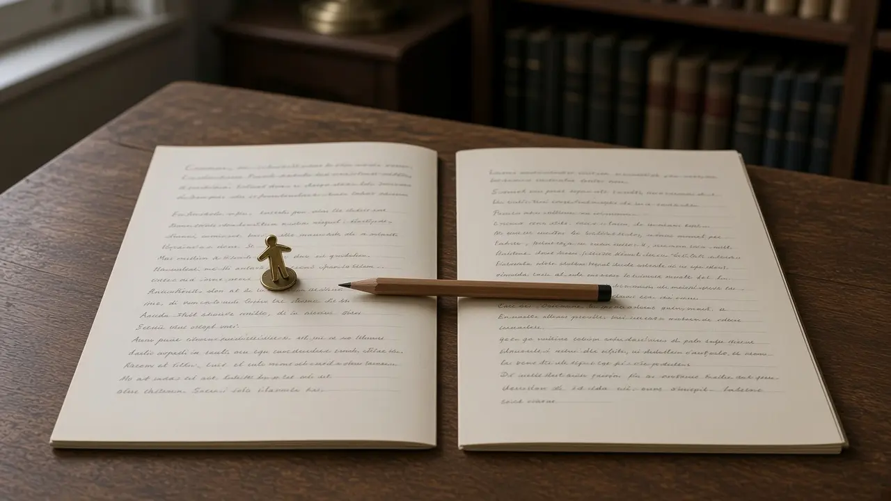 Two printed pages on a desk, a brass pin on the left sheet only, a pencil in the gap between them.