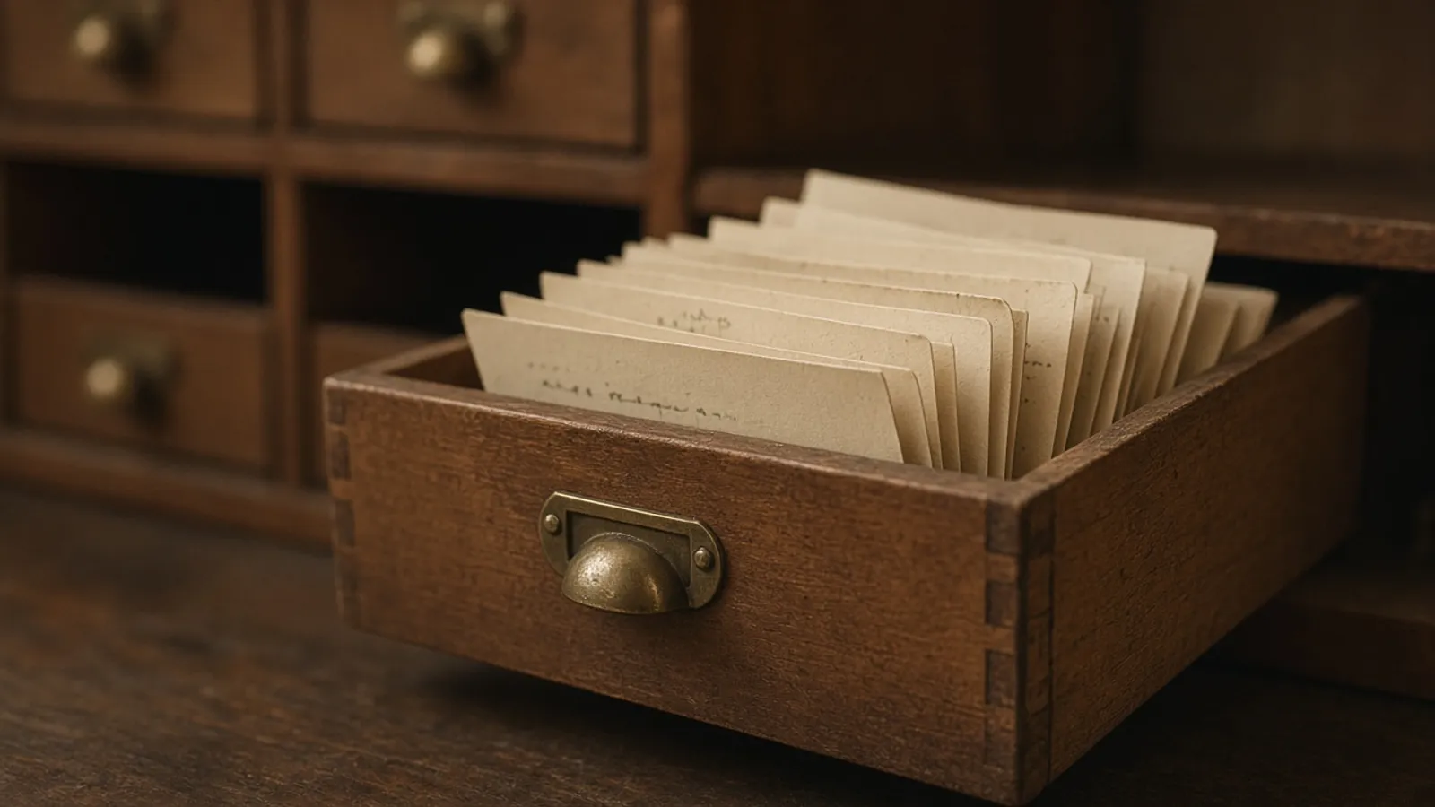 A plain ledger open on a desk, figures out of focus, no names readable.