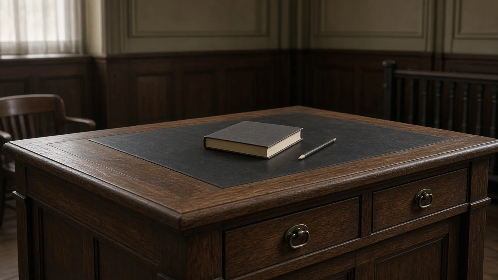 A quiet library gallery of bound volumes, no titles readable on the spines.