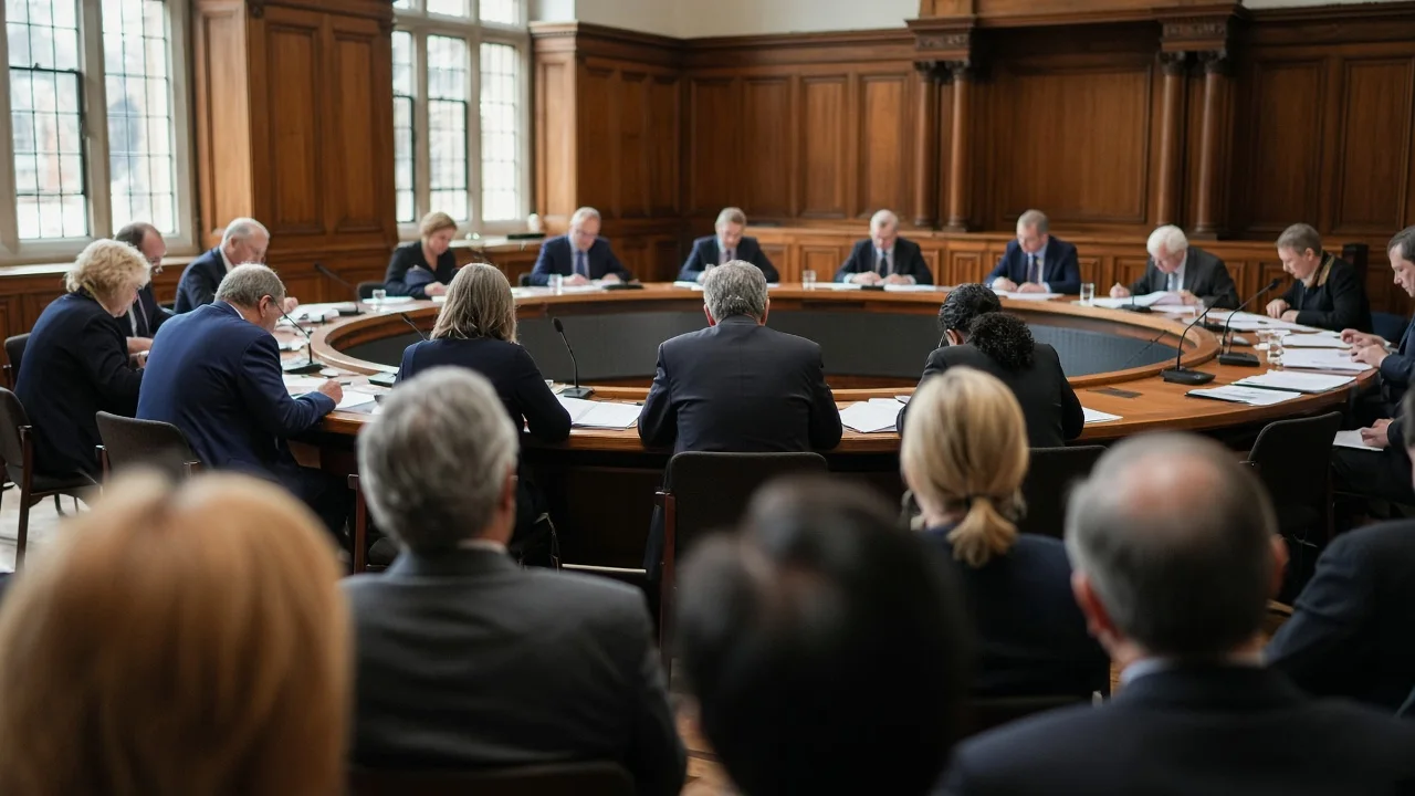A council committee in session, seen from the public gallery.