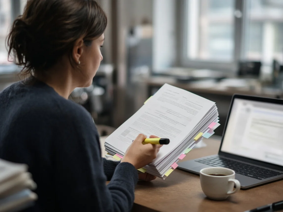 A reporter reading a printed committee pack at a desk.