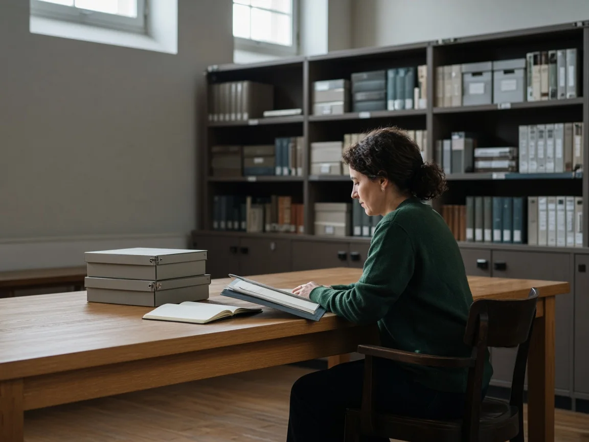 A researcher in an archive reading room.