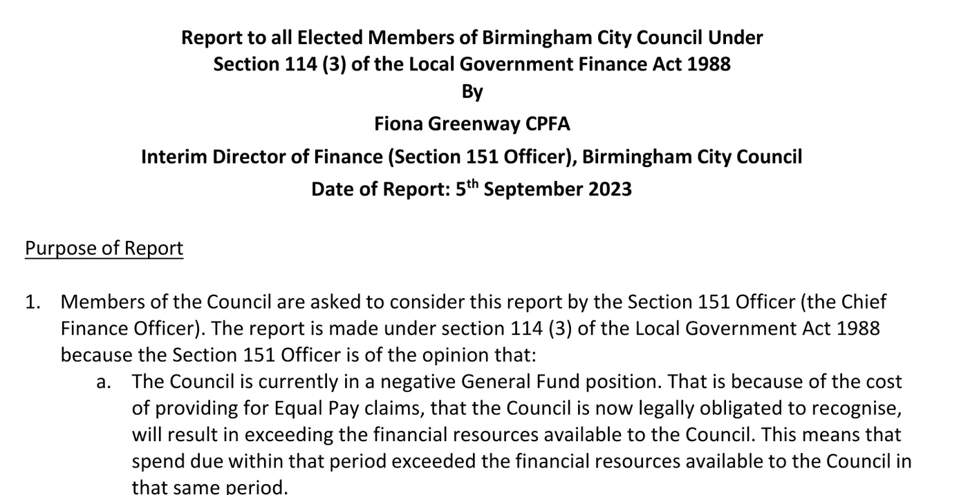 Head of the Section 114 report to elected members of Birmingham City Council by Fiona Greenway, Interim Director of Finance, dated 5 September 2023.